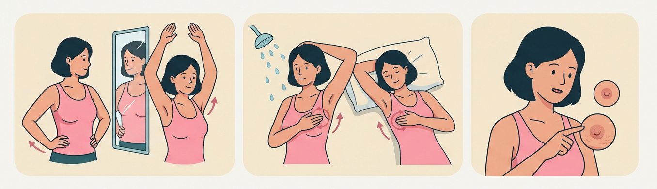 Illustrated breast self-check steps: look in the mirror, feel, and notice changes