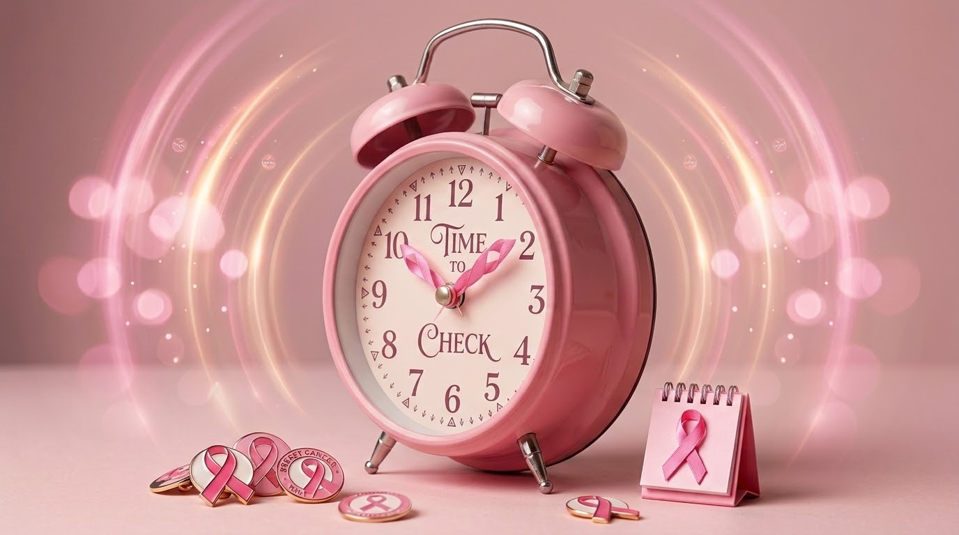 Pink alarm clock reading Time to Check with breast cancer awareness ribbons